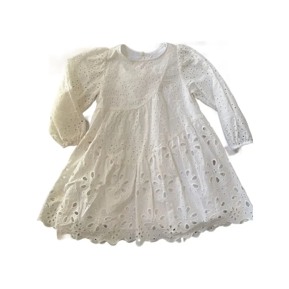 Zara little girls Swedish embroidered asymmetrical eyelet white cotton knee leng